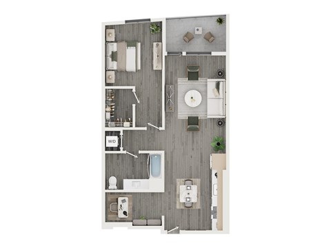 A floor plan of a small apartment with a kitchen, living room, and bathroom.
